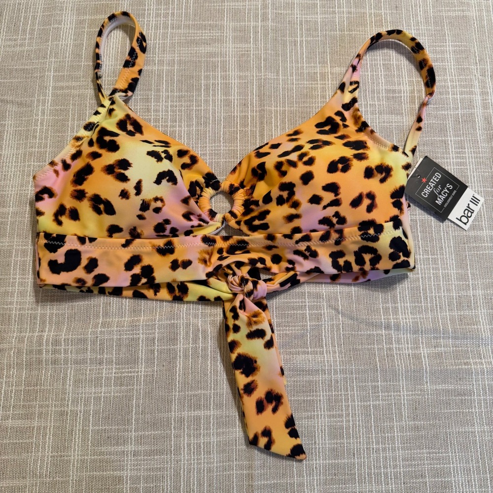 Bar III Womens Leopard Print O-Ring Tie Front Bikini Top Orange Pink Yellow M